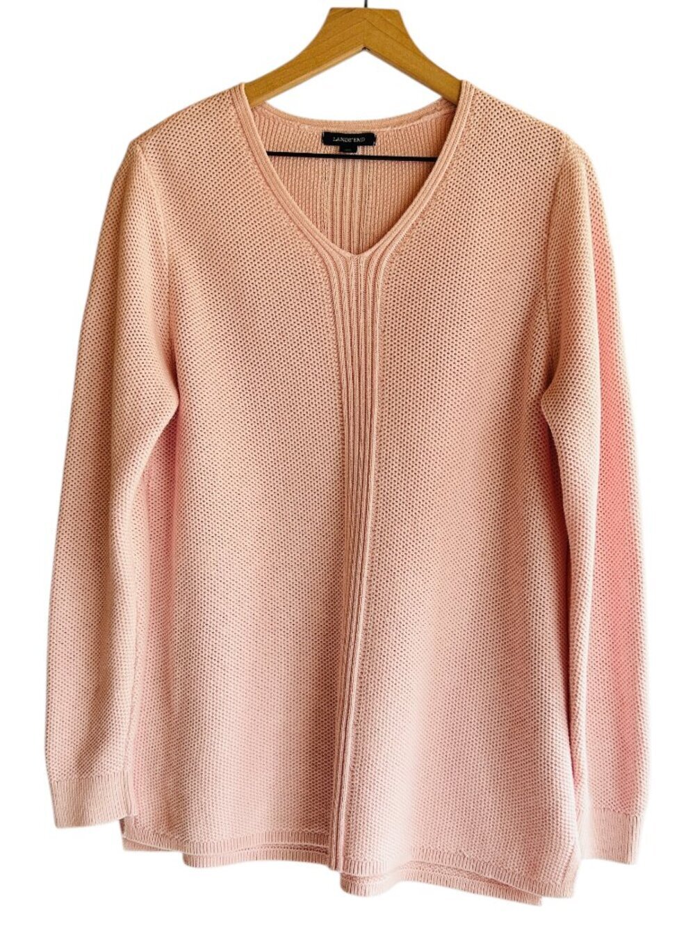 Lands' End Soft Pink V-Neck Textured Knit Sweater Size XL